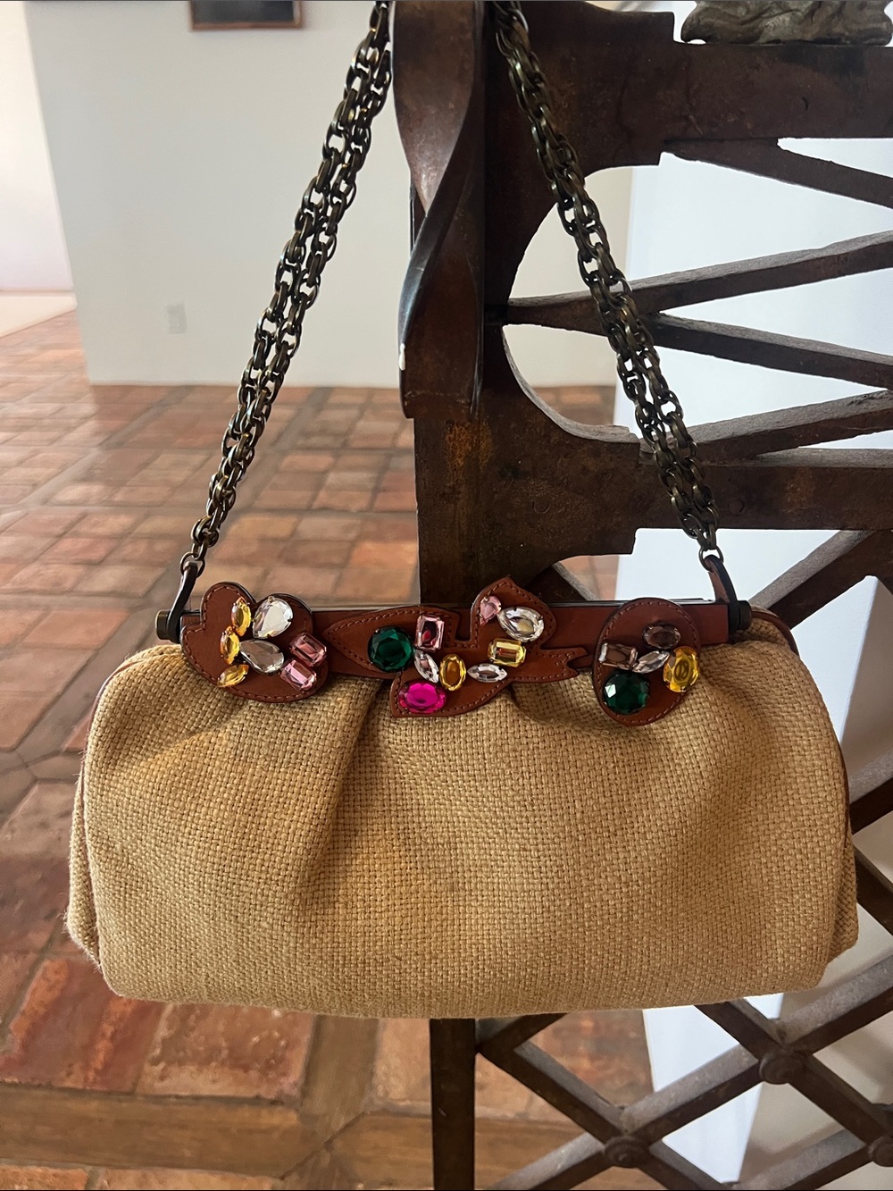 Marni Beige Straw Clutch with Multicolor Gem Accents